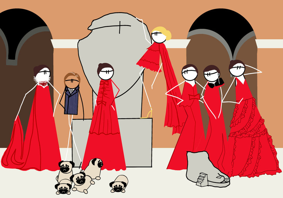 a minimalist drawing of a man and 6 models dressed in red in front of an antique statue head