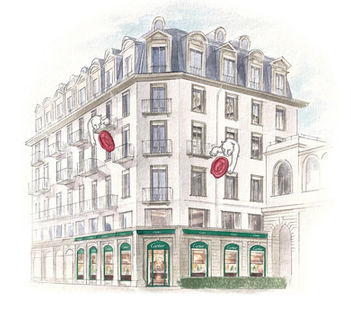 Watercolor illustration of the Cartier store facade building in Lucern.