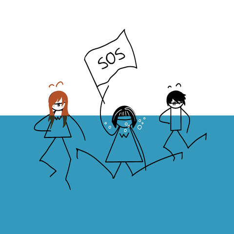 drawing of a stick character lady drowning next to kids