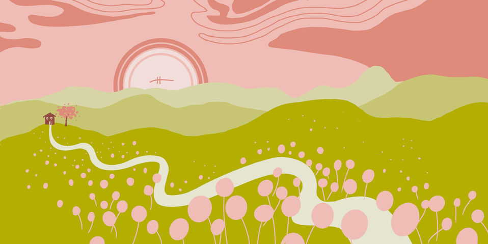 Drawing of pink flowers in a rural landscape.
