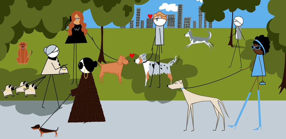Drawing of several people walking their dogs in a park.