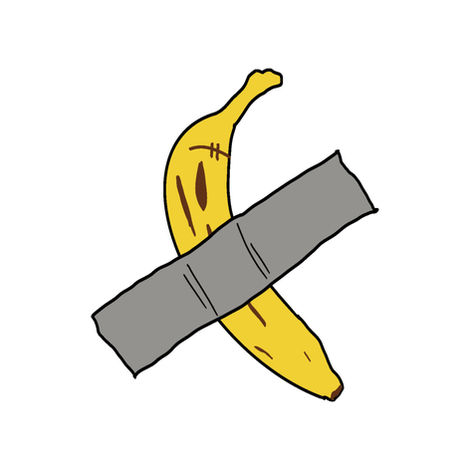 drawing of a banana taped to a wall.