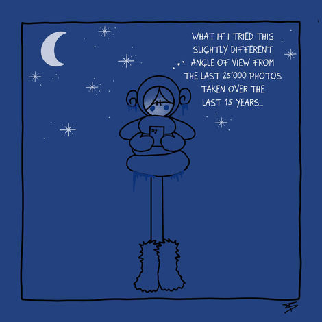 Comic of a minimalist female character looking at her phone in the night in winter.