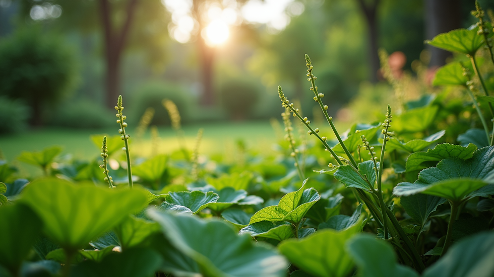Eye-level view of a lush green garden with diverse plants