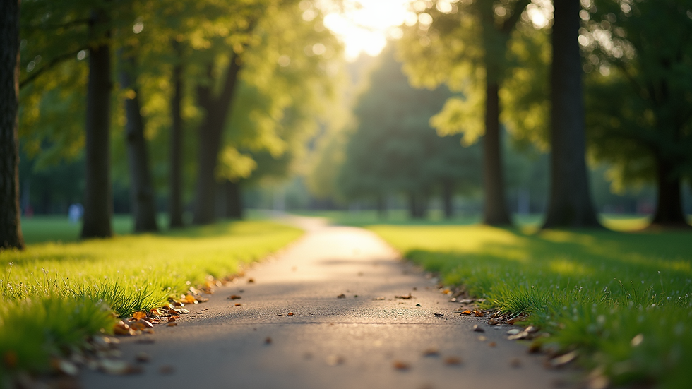 Eye-level view of a serene park with a walking path