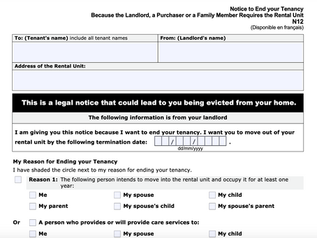 The LTB Forms: Form N12, Notice to End Tenancy for Landlord’s Own Use
