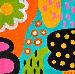 Detail des farbenfrohen Acrylgemäldes „Otoño“ von Tania Brügger Marquez mit abstrakten organischen Formen in Orange, Grün, Türkis, Pink und Schwarz.