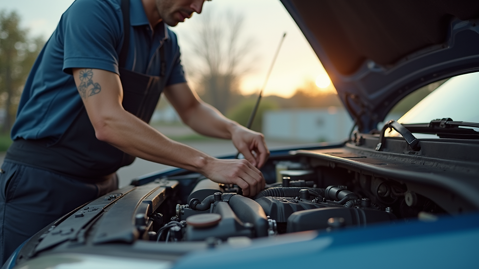 Close-up view of a mobile mechanic working on a car engine outdoors