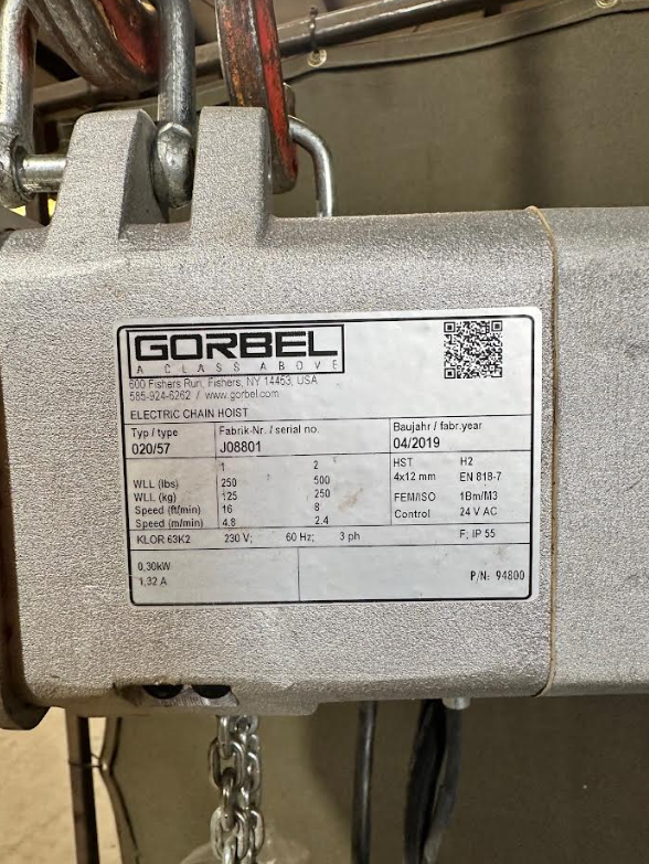 Thumbnail: Gorbel 1/4 Ton Electric Chain Hoist, Model: 94800, 10 FT Lift, 230-3-60V