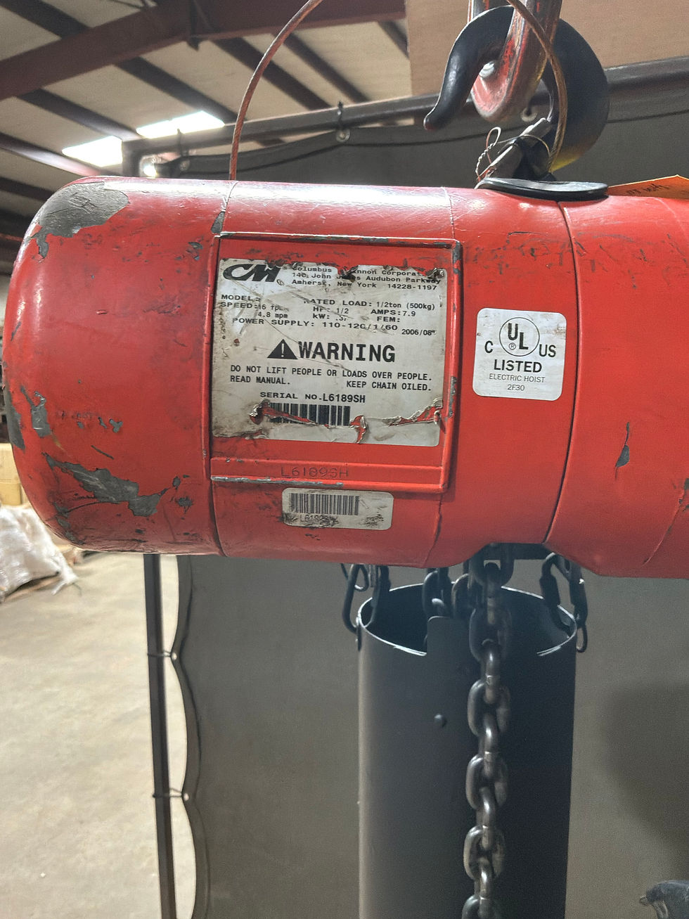 Thumbnail: CM 1/2 Ton Electric Chain Hoist, Model F, 11 Lift, 110-1-60V