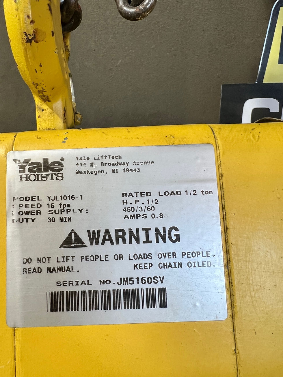 Thumbnail: Yale 1/2 Ton Electric Chain Hoist, Model: YJL1016-1 , 11 FT Lift, 230/460-3-60V