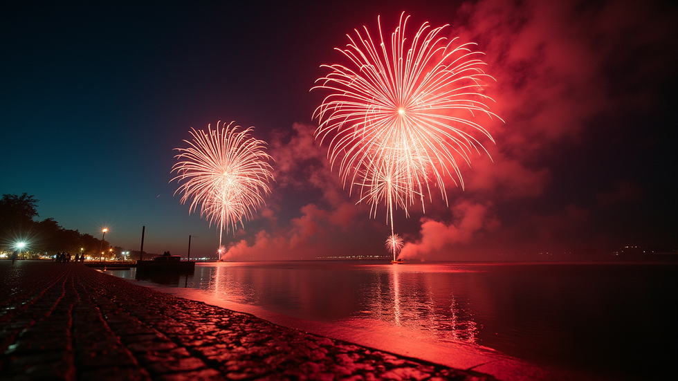Eye-level view of a vibrant fireworks display lighting up the night sky