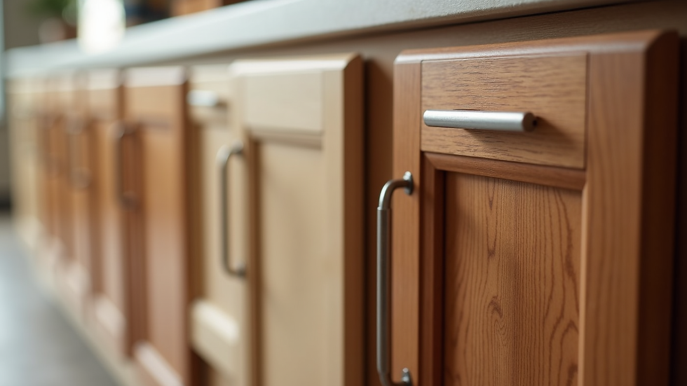 Close-up view of cabinet door samples showing different wood finishes