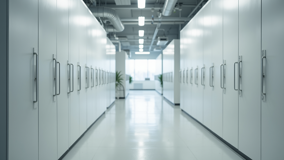 Eye-level view of a modern office with tall white storage cabinets