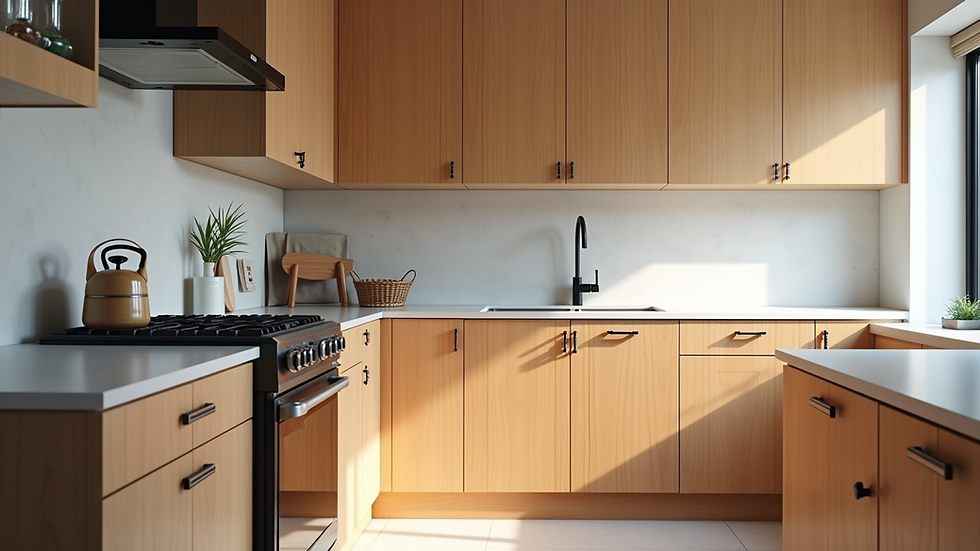 Eye-level view of custom wooden kitchen cabinets installed in a modern kitchen