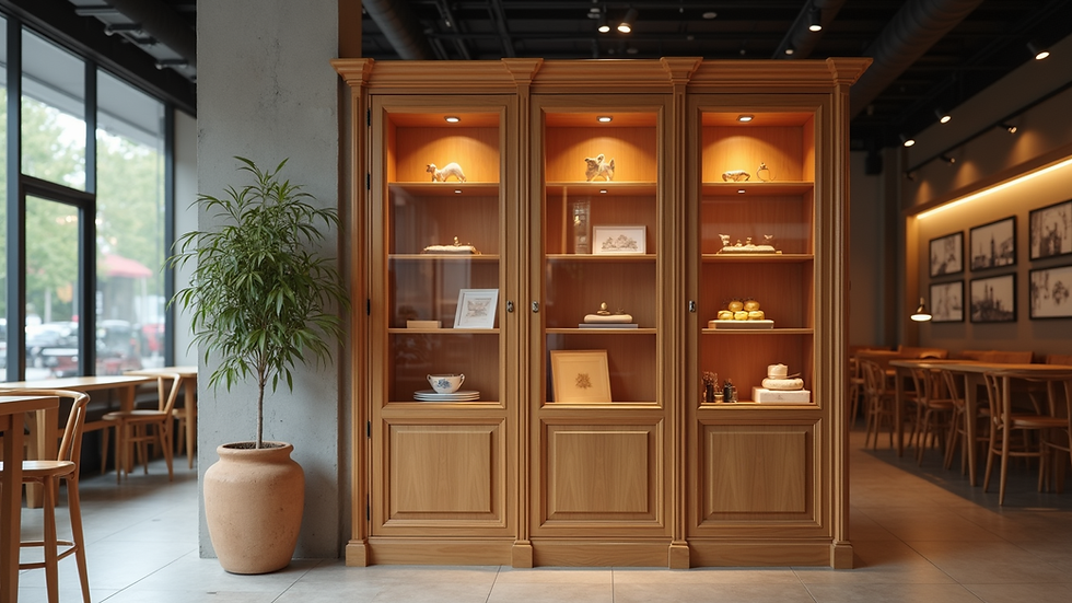 Eye-level view of wooden retail display cabinet with glass doors