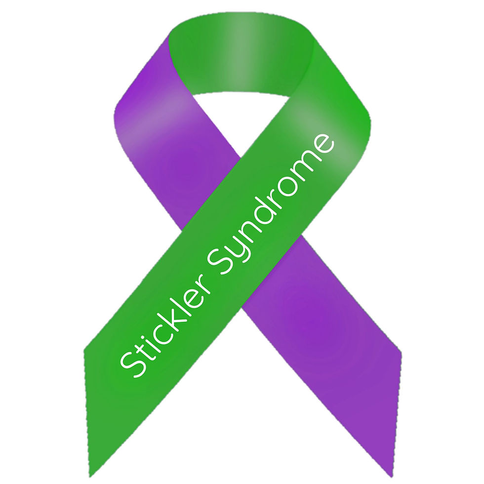 Ribbon with green on the right side and purple on the left side. The words Stickler Syndrome are written in white on the front green part of the ribbon.