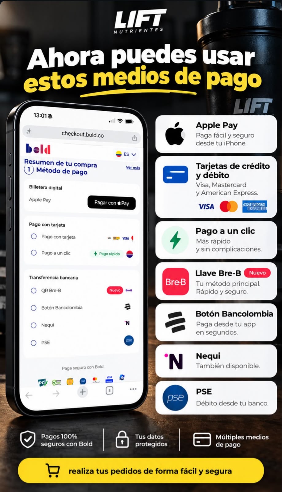 Medios de pago Lift Nutrientes: Bold, Apple Pay, tarjetas, Bre-B, Bancolombia, Nequi y PSE