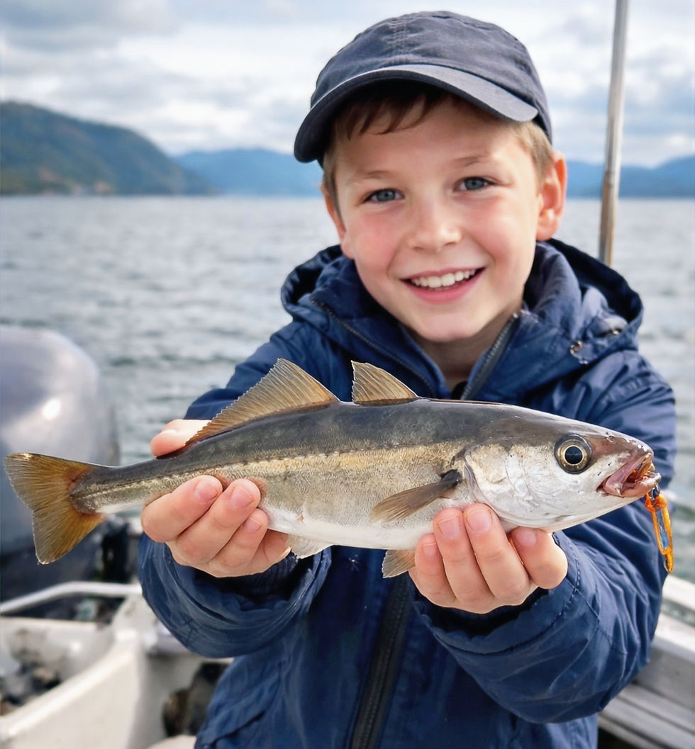 Child holding pollock on a private fishing trip in Stavanger fjord