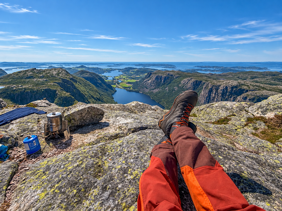 A hiker relaxing on a rocky mountain summit with panoramic views over lakes, mountains and the coastline near Stavanger, Norway.