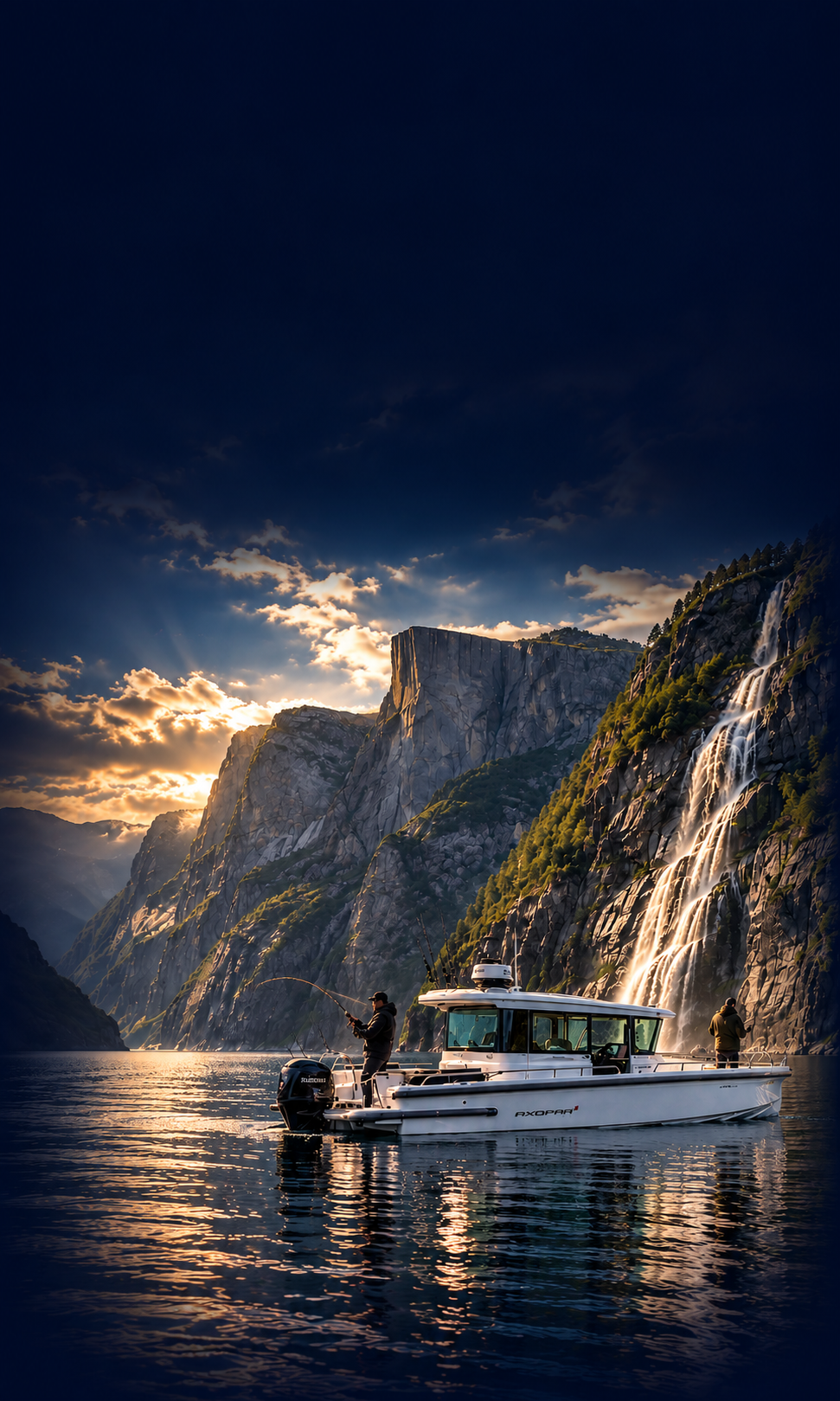 Private fishing boat in Lysefjord below Pulpit Rock and Hengjanefossen near Stavanger, Norway