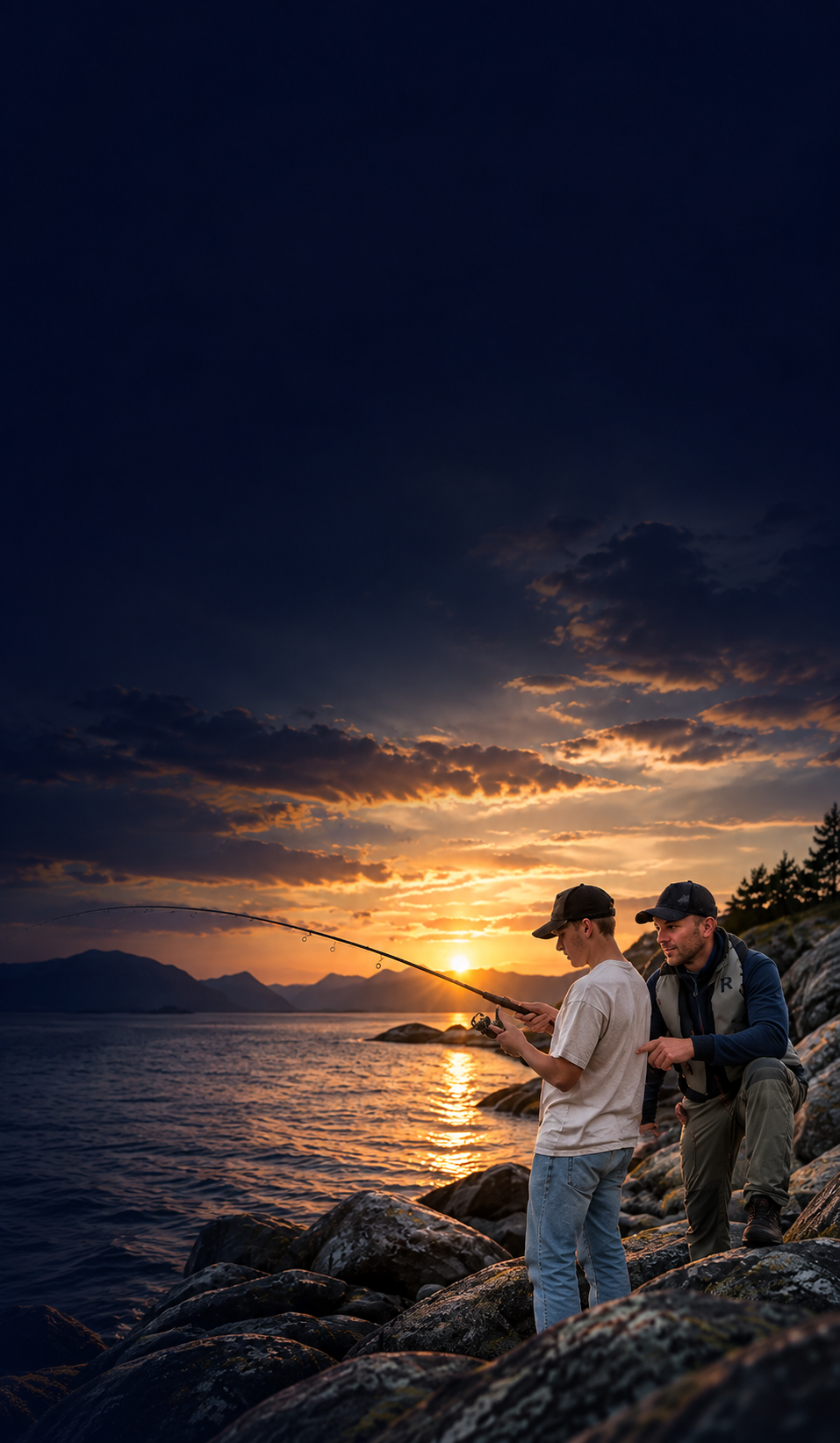 Private shore fishing course near Stavanger with hands-on guidance from a local instructor at sunset.