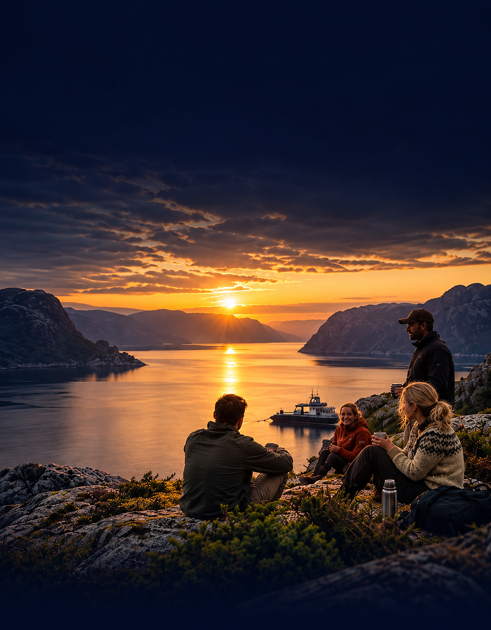 Hikers Watching a Fjord Sunset.png
