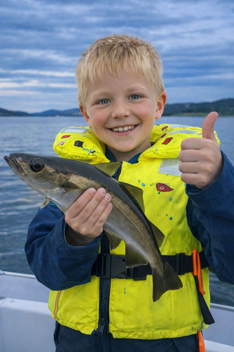 Smiling child wearing a life jacket holding a fish on a calm fjord fishing tour near Stavanger, Norway.