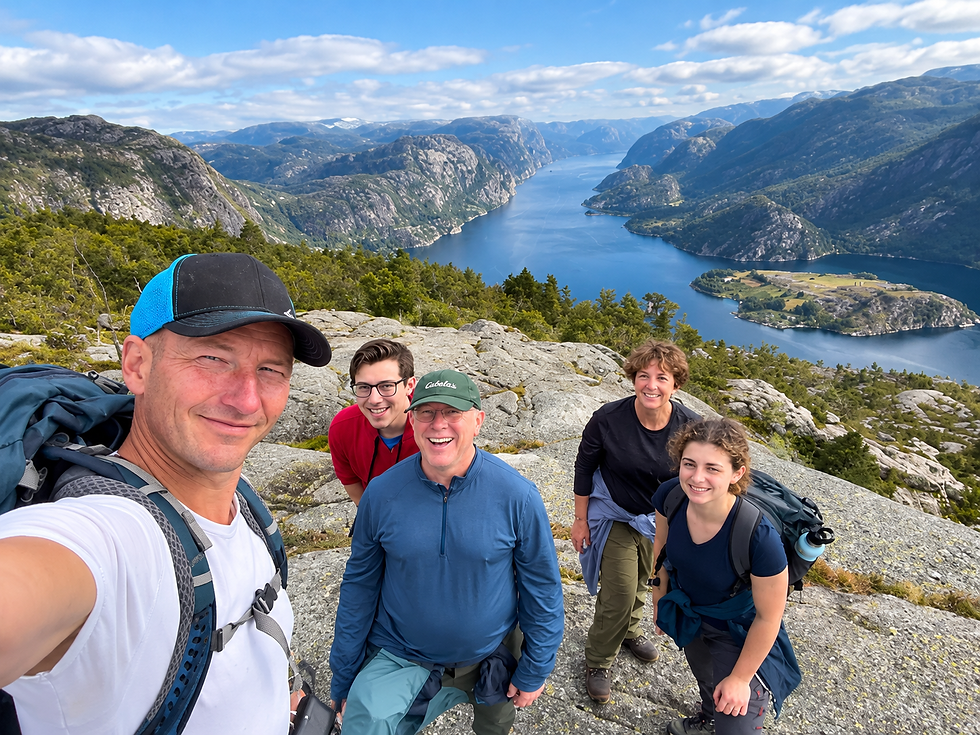 Private hiking group with local guide overlooking a fjord near Stavanger, Norway