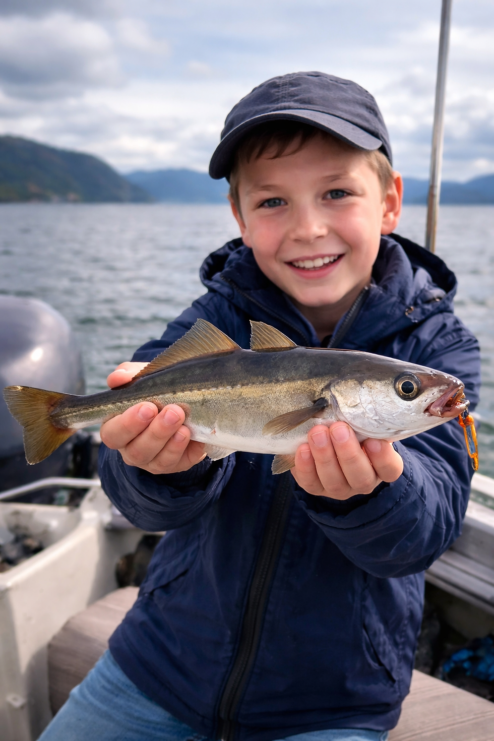 Child catching pollock on a private fishing trip in Stavanger fjord