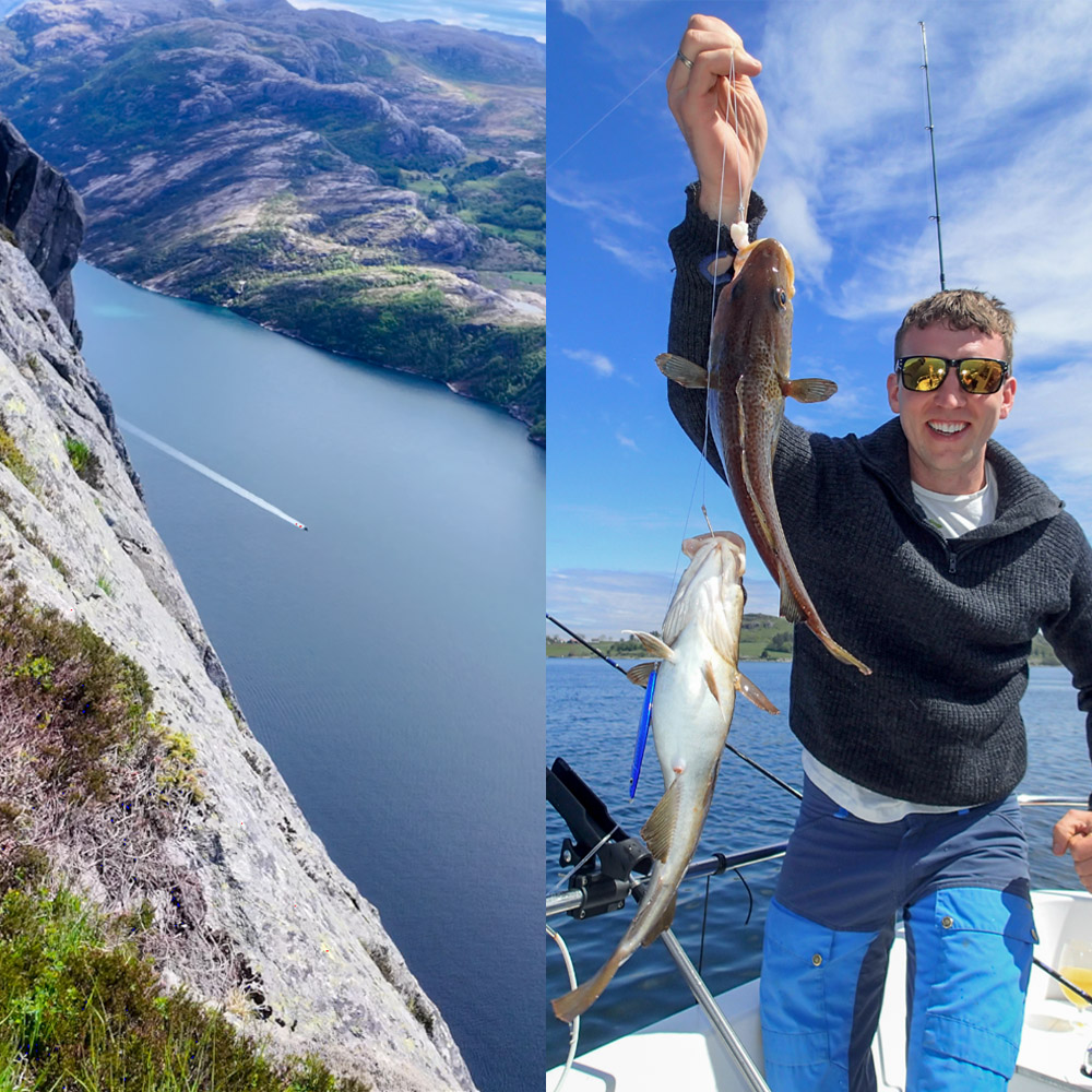View of Pulpit Rock rising above Lysefjord, seen from the water during a fjord tour