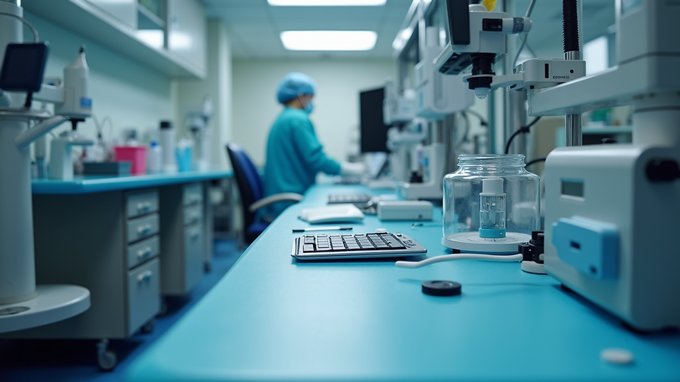 High angle view of a laboratory workstation with diagnostic instruments