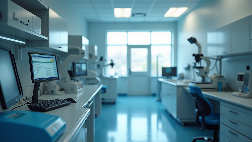 Eye-level view of a modern pathology lab with digital equipment