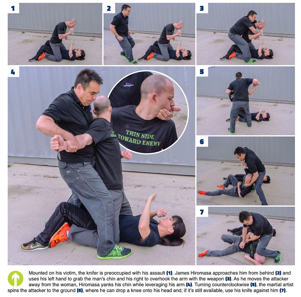 Martial artist in black disarms man in sequence, using chin and arm holds, neutralizing attacker on concrete ground. Text: “THIS SIDE TOWARD ENEMY.”