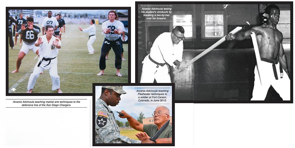 Collage of martial arts training: group on a field, a man breaking wood indoors, and knife defense with a soldier in a grassy area.