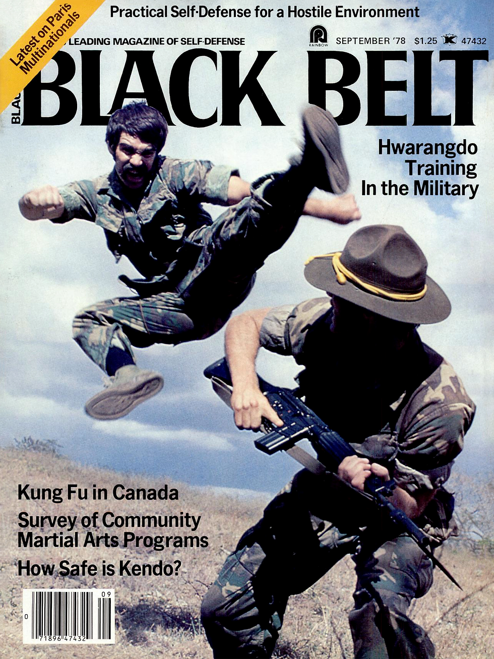Martial artist in camo performs a flying kick. Another soldier holds a rifle, crouching. Magazine cover text: Black Belt, Hwarangdo Training.