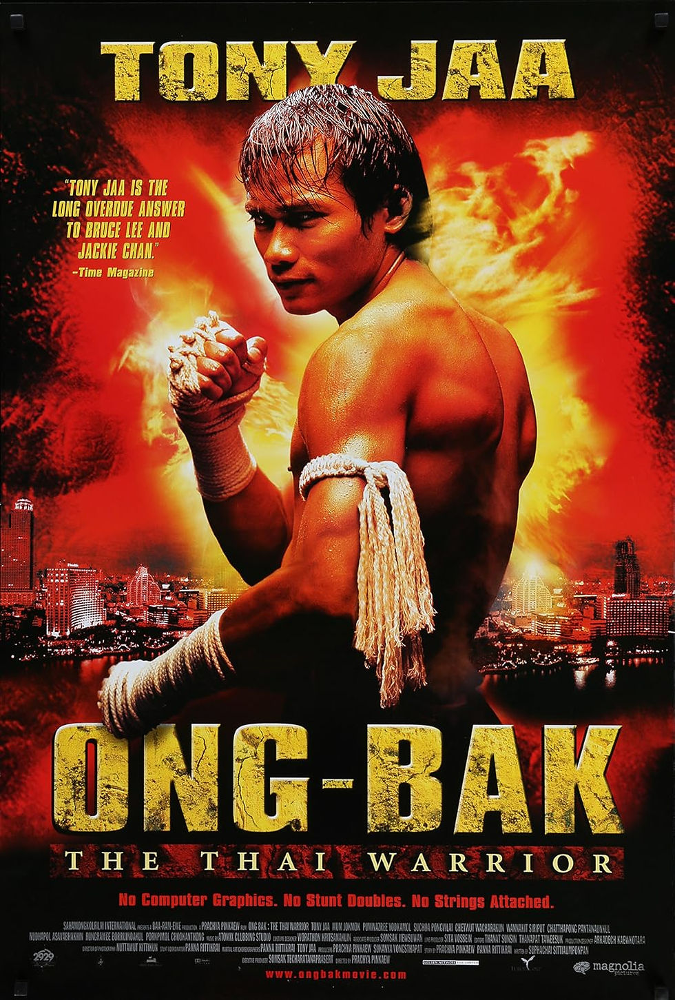 A man with wrapped fists poses against a fiery red background, with a cityscape below. Bold yellow text reads "TONY JAA" and "ONG-BAK."