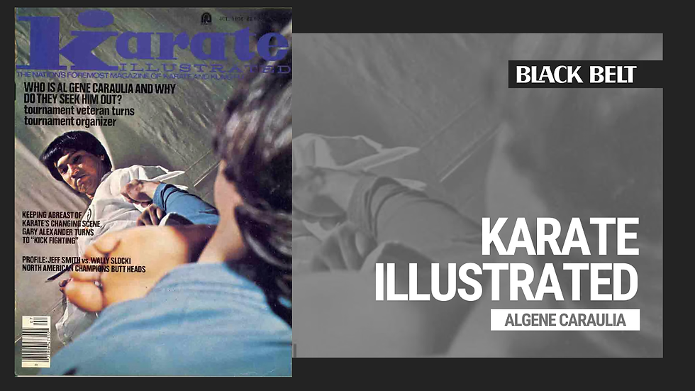 A martial artist in a white gi blocks a kick. Text: "Karate Illustrated," "Who is Al Gene Caraulia," "Jeff Smith vs. Wally Slocki."