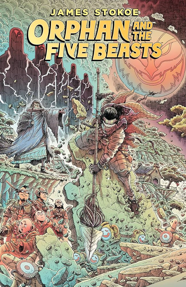 Comic cover by James Stokoe: Warrior on rocks with spear, cloaked figure, group of five below. Bold text: "Orphan and the Five Beasts."