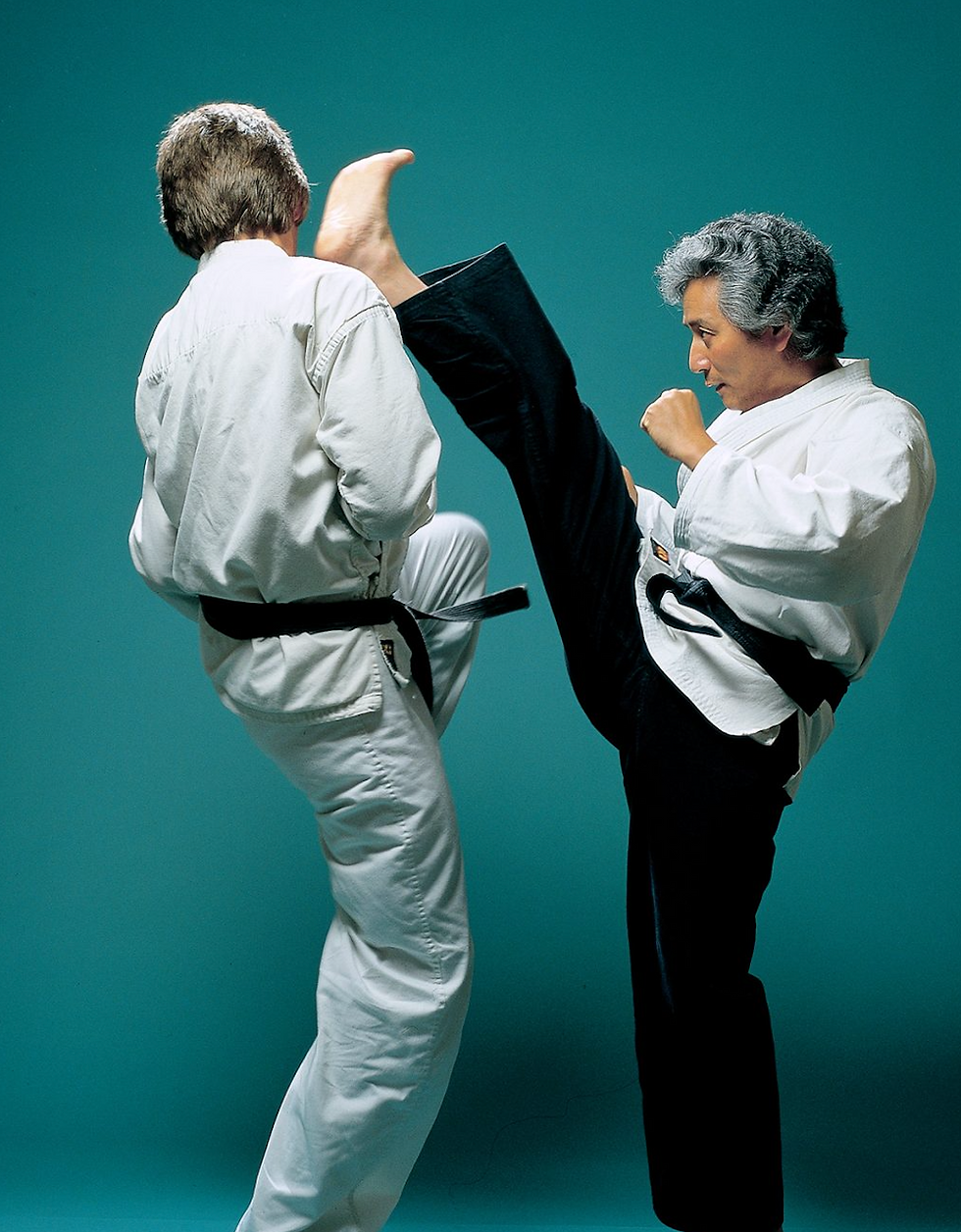 Two martial artists sparring, one executing a high kick. Both wear white uniforms against a teal background, conveying focus and intensity.