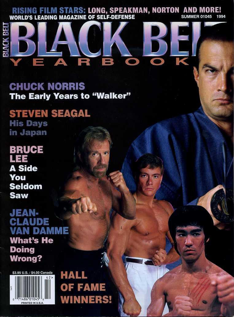Black Belt Yearbook cover with Chuck Norris, Steven Seagal, Bruce Lee and Jean-Claude Van Damme on a black background, bold martial arts text.