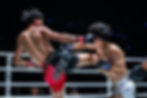 Two fighters in a ring, one delivering a kick to the other's face. They're wearing gloves and shorts with "ONE" text. Intense action.