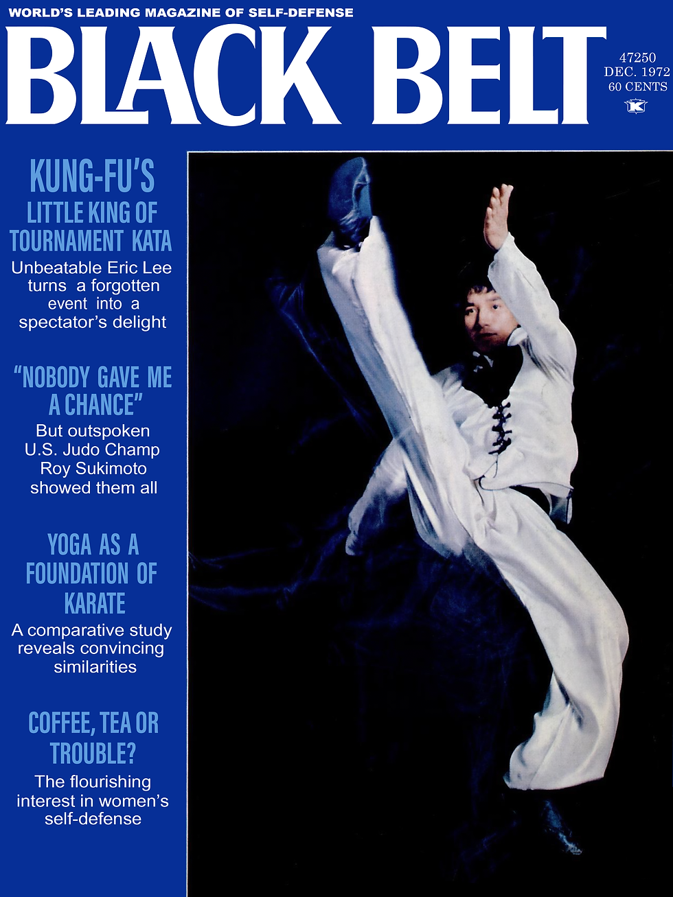 Martial artist in a white uniform performs a dynamic move on the "Black Belt" magazine cover. Blue background with various article titles.