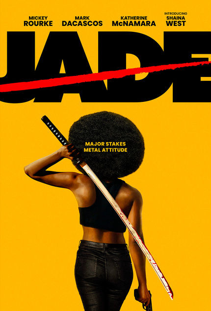 A woman with an afro holds a sword on her shoulder against a yellow background. Text: JADE, Major Stakes, Metal Attitude.