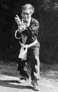 A person in martial arts attire poses in a fighting stance on a grassy area. The background is dark, conveying focus and intensity.