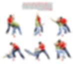 Two people demonstrate a martial arts throw sequence. The person in a red shirt and jeans executes a technique on someone in a green shirt.