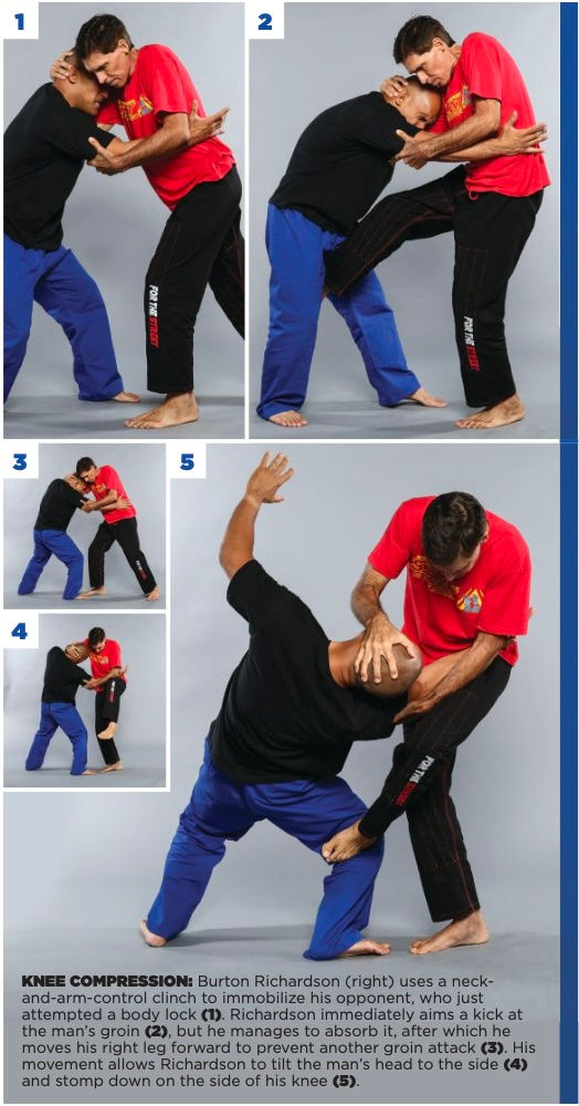 Two men demonstrate a martial arts sequence; one in a red shirt executes a clinch, knee compression, and head tilt. Text explains each step.