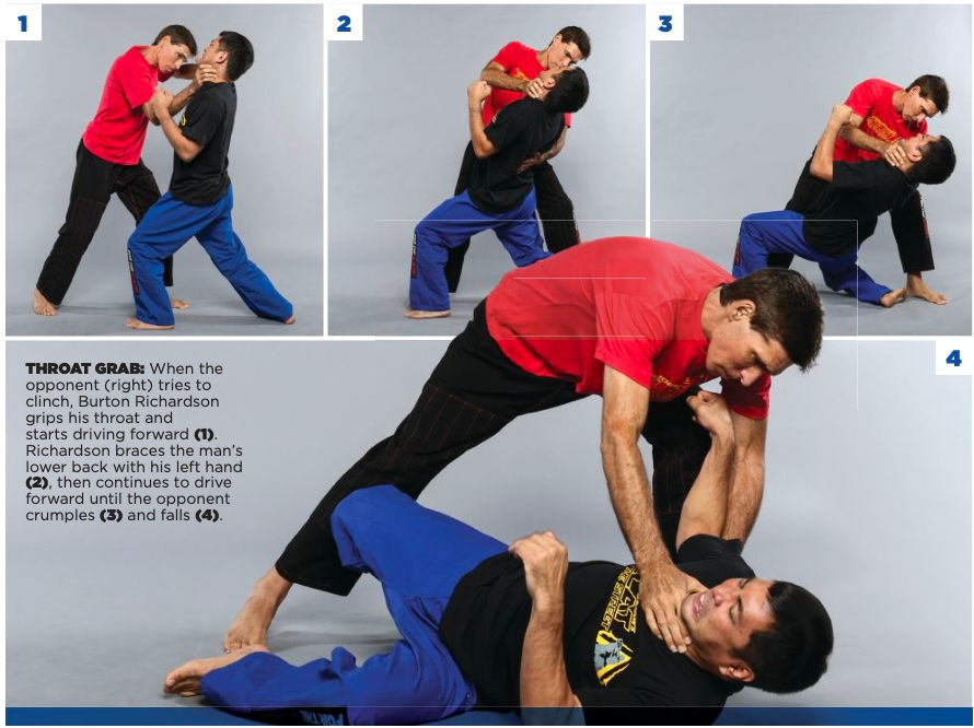 Two men practice self-defense moves. The man in the red shirt performs a throat grab on the man in black and blue. Sequence of actions shown.