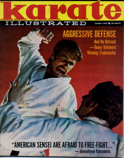 Two men in karate uniforms spar intensely on the cover of a magazine titled "Karate Illustrated," highlighting "Aggressive Defense."