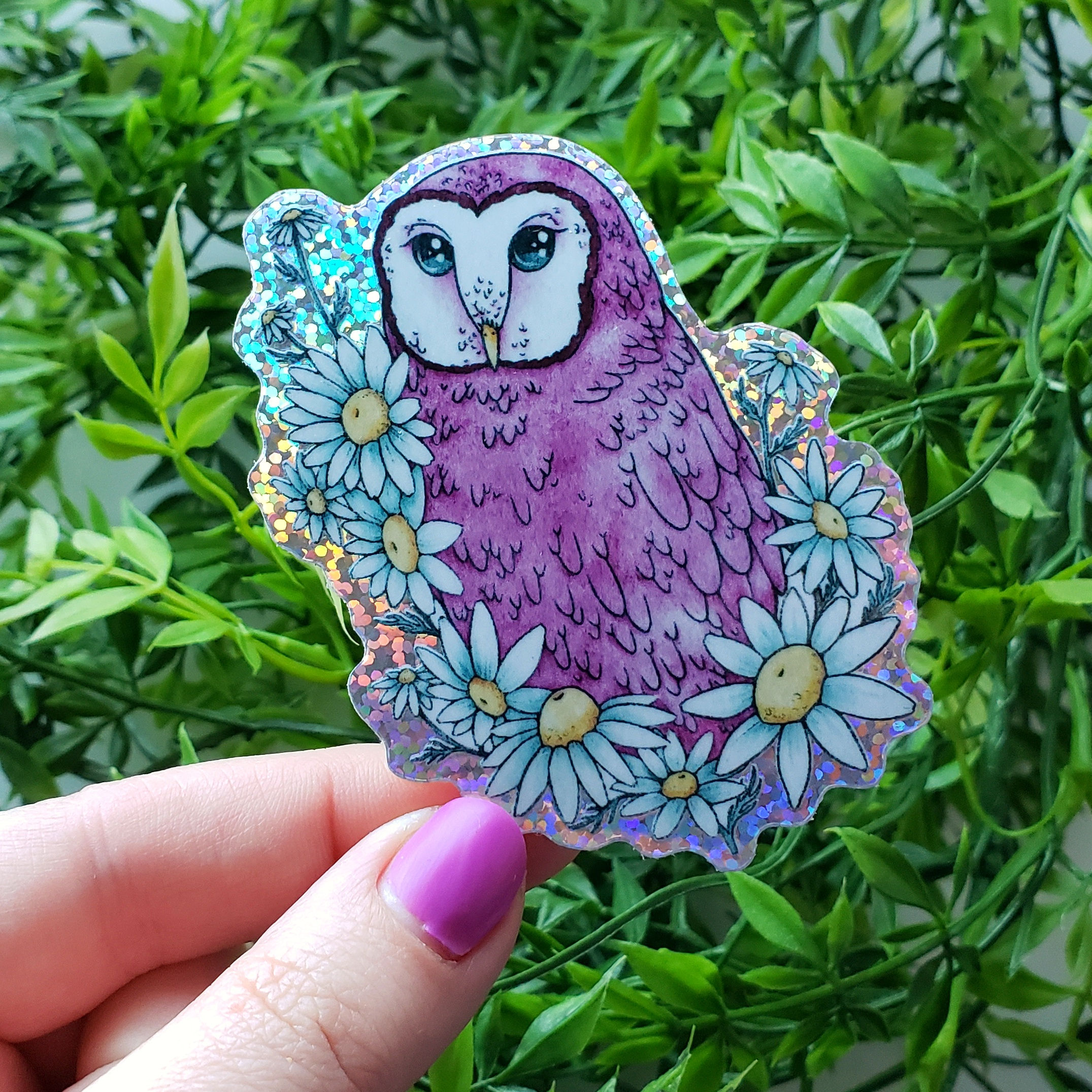 Glitter Holo Chamomile Owl Vinyl Sticker